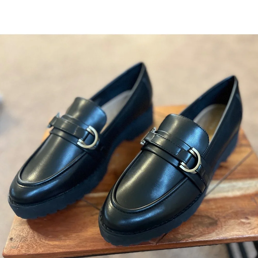 Easy Spirit Womens Black Lug Sole Loafers Metallic Strap Shoes‎ 9.5M